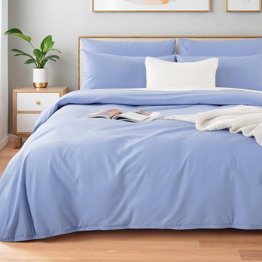 NEXHOME PRO Queen Duvet Cover Set, 100% Washed Cotton with Linen-Like Texture, Natural Organic, Breathable & Comfortable, Includes Home Bedding Set Baby Blue (No Comforter) 9090