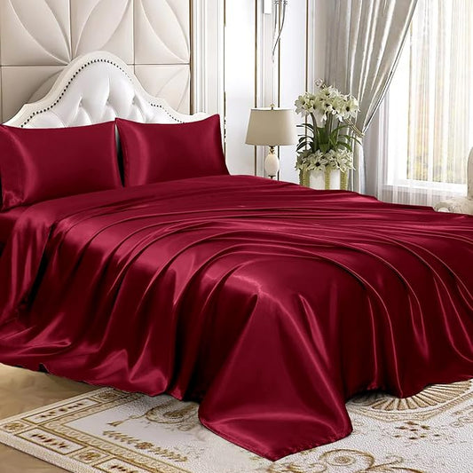 Homiest 4pcs Satin Sheets Set Luxury Silky Satin Bedding Set with Deep Pocket, 1 Fitted Sheet + 1 Flat Sheet + 2 Pillowcases (Queen Size, Burgundy)