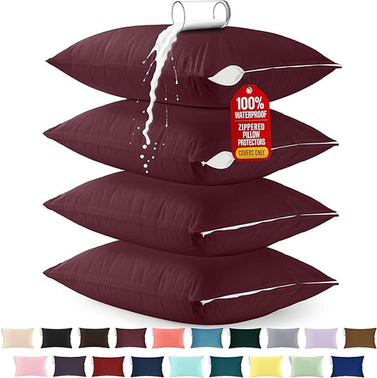 Utopia Bedding Premium 100% Waterproof Pillow Protectors with Zipper King Size (Set of 4), Bed Bug and Dust Mite Proof Zippered Pillow Covers, Pillow Encasement Cases, Burgundy