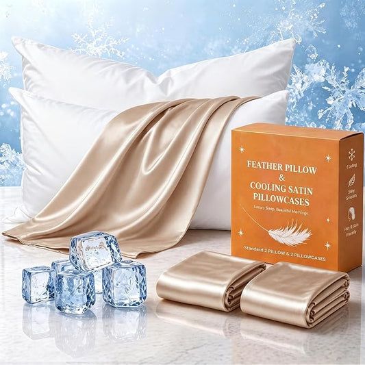 BHZ Beige Satin Goose Down Feather Pillows Standard Size Set of 2 with Pillowcase for Hair and Skin, Cooling Pillow Cases Similar to Silk Pillow Cases, Decor for Women, Mom Men