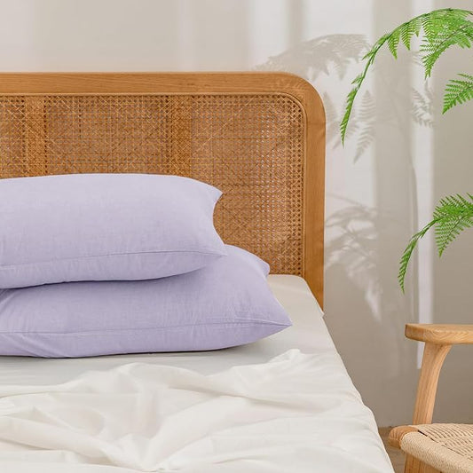 BESTOUCH 100% Washed Cotton Pillowcase for Hair and Skin Linen Feel Soft Comfortable Breathable 2 Set Pillow Case with Envelope Closure Solid Taro Purple Queen 20x30 Inches