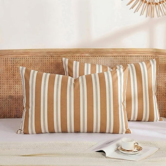 Merryword Khaki Striped Pillowcases, 100% Cotton Pillow Cases, King Size Pillowcases, Luxury Linen Like Pillowcase, Soft Breathable Stripe Pillow Covers, Set of 2