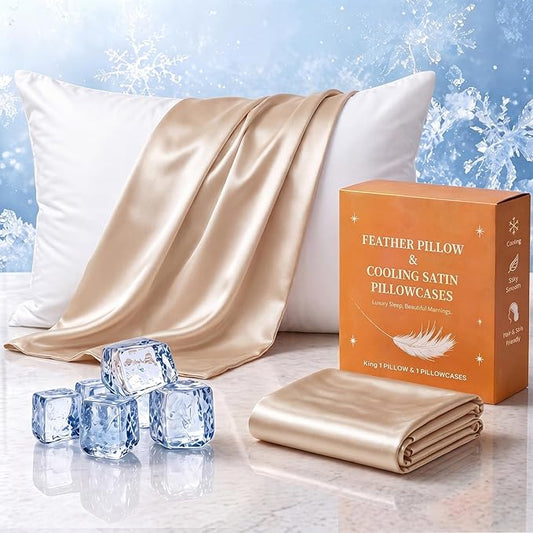 BHZ Beige Satin Goose Down Feather Pillows King Size with Pillowcase for Hair and Skin, Cooling Pillow Cases Similar to Silk Pillow Cases, Decorative for Women, Mom Men