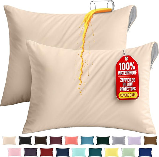 Utopia Bedding Premium 100% Waterproof Pillow Protectors with Zipper Standard Size (Set of 2), Bed Bug and Dust Mite Proof Zippered Pillow Covers, Pillow Encasement Cases, Beige