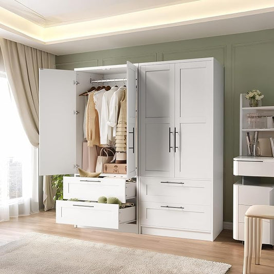 Garvee Armoire Wardrobe Closet with 2 Drawers, 70 in Tall Clothing Storage Cabinet with 2 Doors, Modern Bedroom Clothing Armoires with Hanging Rods, White