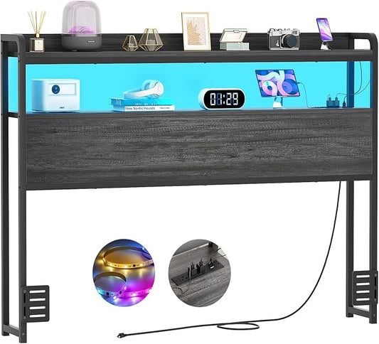 Aheaplus Headboard for Full Size Bed Frame, Headboards with Outlets, USB Ports and LED Light, Head Board with Storage, Height Adjustable, Sturdy and Stable Headboard, Full Size, Black Oak