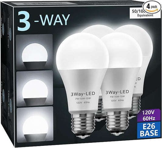 Briignite LED Light Bulbs, 3 Way LED Light Bulbs 50 100 150W Equivalent, Three Way A19 Light Bulbs E26 Medium Base, Daylight White 5000K, 500lm-1000lm-1500lm, 4Pack