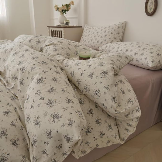 VM VOUGEMARKET King Size Double Layer Gauze Duvet Cover Set, Off-White Duvet Cover with Gray Floral Prints Bedding Set for Cottagecore Decor