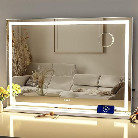 Gvnkvn Makeup Vanity Mirror with Lights 32" x 24" Large LED Makeup Mirror, Light up Mirror with 10X Magnification and USB Charging Port, Dimmable 3 Modes, Touch Screen Control Square Corner