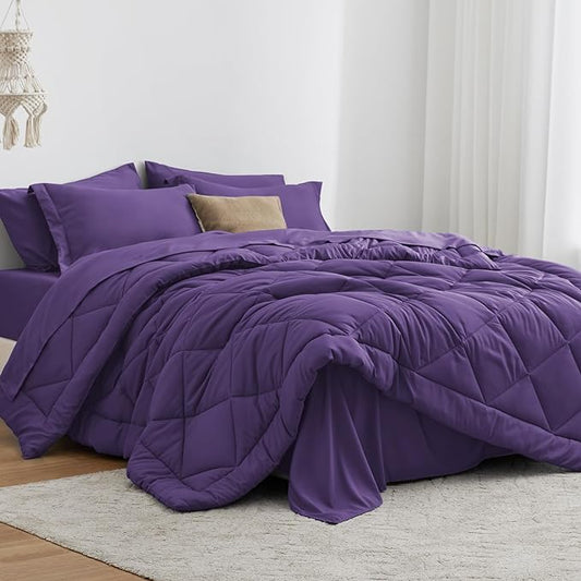 Love's cabin Queen Comforter Set Purple, 7 Pieces Queen Bed in a Bag, All Season Bedding Sets with 1 Comforter, 1 Flat Sheet, 1 Fitted Sheet, 2 Pillowcase and 2 Pillow Sham | Soft, Breathable, Lightweight, Comfortable