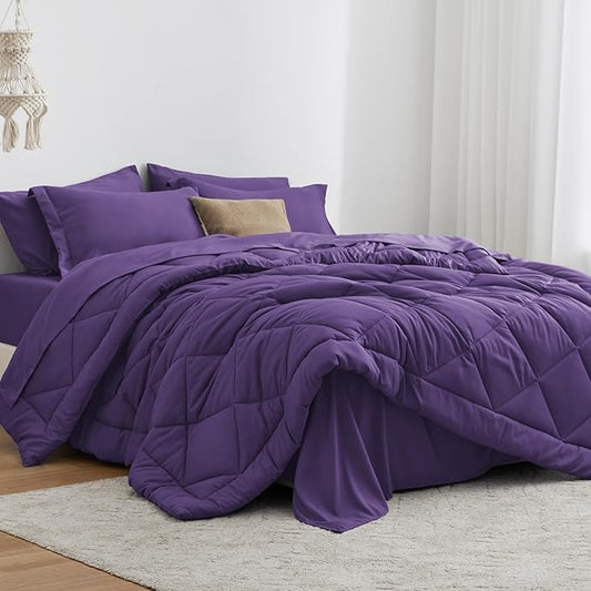 Love's cabin Twin Comforter Set Purple, 5 Pieces Twin Bed in a Bag, All Season Bedding Sets with 1 Comforter, 1 Flat Sheet, 1 Fitted Sheet, 1 Pillowcase and 1 Pillow Sham | Soft, Breathable, Lightweight, Comfortable