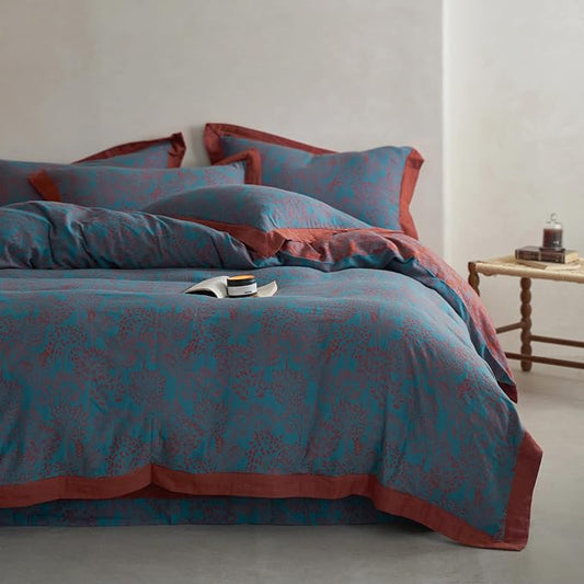 VM VOUGEMARKET Jacquard Duvet Cover Set King,Yarn-Dyed Cotton Blue Red Tree Leaves Duvet Cover Bordered,Reversible Farmhouse Style Bedding Set King