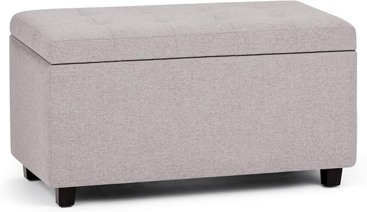 SIMPLIHOME Cosmopolitan Storage Ottoman - 34 inch Wide Upholstered Linen Look Fabric Rectangle Storage Ottoman Bench in Cloud Grey, Transitional Tufted Ottoman for Living Room with Lift-Up Lid