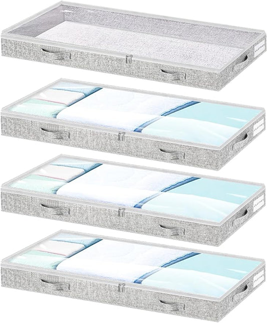 Low Profile Under Bed Storage, 3-Inch High Foldable Underbed Storage Bins with Lid & Zipper, No Structure, Super Slim Clothes Organizer for Crib Dorm Couch Low Bed, 6-Pack, Clear Top