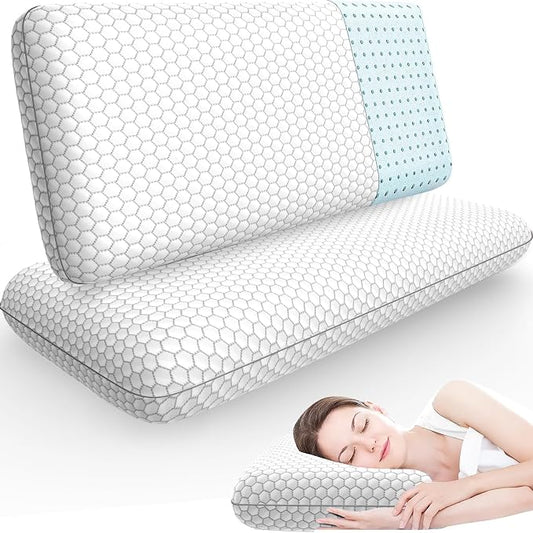 CushyOasis Memory Foam Pillows for Side, Back and Stomach Sleepers, Set of 2, Bed Pillow with Washable Cover and Breathable Mesh, Bed Pillow for Sleeping (Light Grey，King Size)