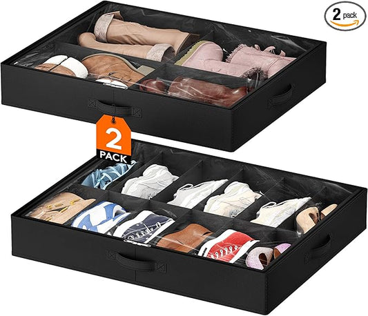 Lifewit Under Bed Shoe Storage Organizer 1 Pack(12 Shoes Cells+4 Boots Cells), 4.3 Inches Profile Fabric Shoes Container Box with Clear Cover, Foldable Storage Bag with 2 Handles, Fits 10 to 16 Pairs