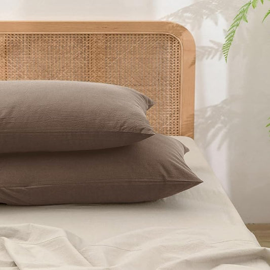 BESTOUCH 100% Washed Cotton Pillowcase for Hair and Skin Linen Feel Soft Comfortable Breathable 2 Set Pillow Case with Envelope Closure Solid Pine Bark Brown Standard 20x26 Inches