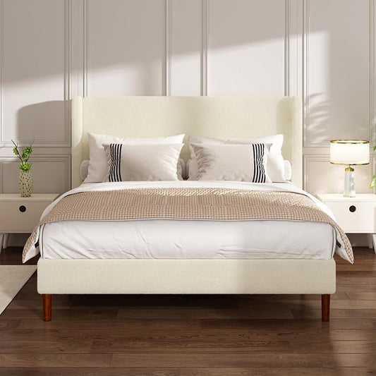 Full Boucle Bed Frame, Platform Bed with Upholstered Wingback Headboard, Strong Wooden Slats Support, Noise-Free, No Box Spring Needed, Easy Assembly, Beige