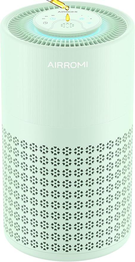 AIRROMI Air Purifier for Bedroom with HEPA 3-in-1 Filter, Pet Air Purifier for Home Cat Pee Smell, Covers Upto 990 Ft², Quiet 360°intake Air Cleaner for pet hair,allergies,Dust,Smoke A2001 Green