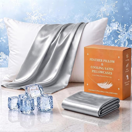 BHZ Grey Satin Goose Down Feather Pillows Standard Size with Pillowcase for Hair and Skin, Cooling Pillow Cases Similar to Silk Pillow Cases, Decorative for Women, Mom Men
