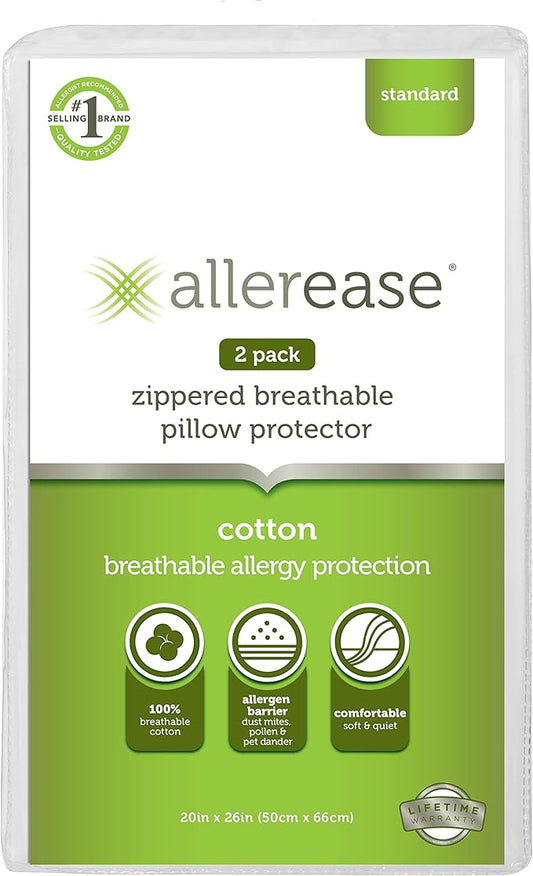 AllerEase 100% Breathable Cotton Pillow Protector for Sleeping, Standard 26" x 20" - 2 Pack