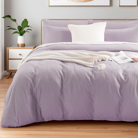 NEXHOME PRO Duvet Cover Set Queen Size Linen Feel Textured Organic Natural 100% Washed Cotton Duvet Cover Purple Lavender Lilac 3 Pieces Bedding Set Zipper Closure, Breathable, Soft (No Comforter)