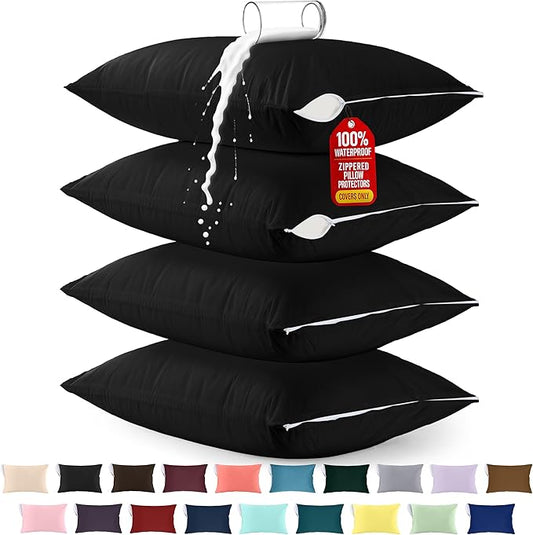 Utopia Bedding Premium 100% Waterproof Pillow Protectors with Zipper Queen Size (Set of 4), Bed Bug and Dust Mite Proof Zippered Pillow Covers, Pillow Encasement Cases, Black
