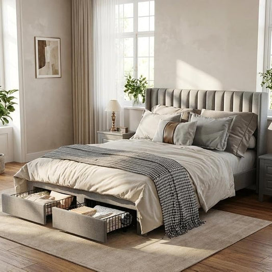 GAOMON Queen Size Upholstered Platform Bed Frame with 2 Under-Bed Storage Drawers, Velvet Wingback Headboard, No Box Spring Needed, Sturdy & Noise-Free, Grey