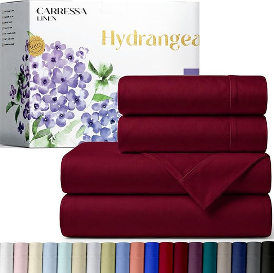 Carressa Linen 100% Egyptian Cotton King Size Sheets Set - 600 Series Hydrangeas Collection Egyptian Cotton Sheets King Size (4 PC, Burgundy), 16" Deep Pocket Sateen Weave Luxury Bed Sheet