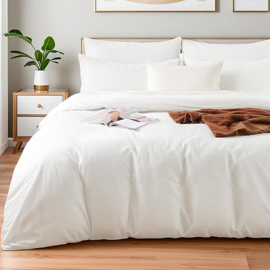 NEXHOME PRO Duvet Cover Set 100% Washed Cotton Oversized King 120"x98" Linen Feel Textured Organic Natural 3 Pieces Bedding Set with Zipper Closure and Corner Ties, Breathable(White, No Comforter)