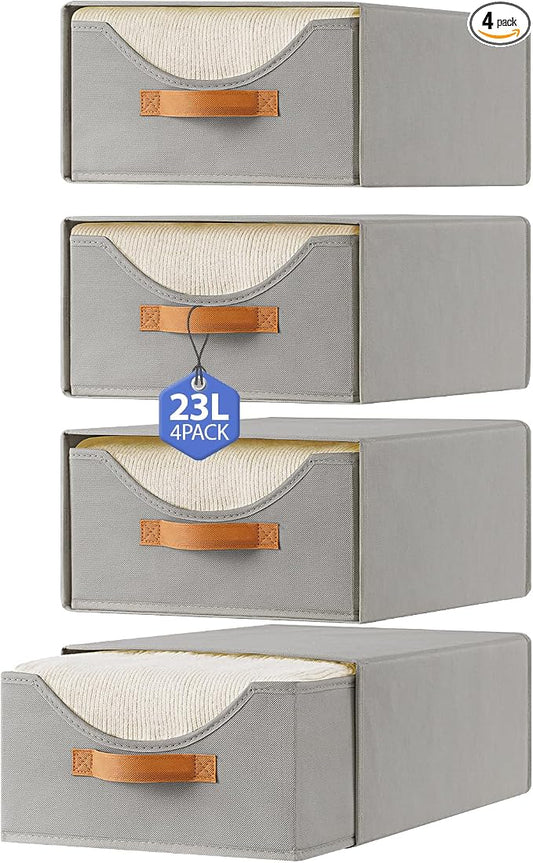 4 Pcs 16.5" Closet Drawers and Large Size Clothes Storage Bins Push-Out Storage Stackable Shelf Drawers with See-Through Window Closet Organizers for Bedroom, Living Room, Under Bed, Grey