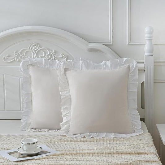 Merryword Beige and White Reversible Pillowcases 18x18 Throw Pillow Covers Pack of 2 Soft Microfiber Ruffle Decorative Pillowcase Cushion for Couch Sofa Bedroom