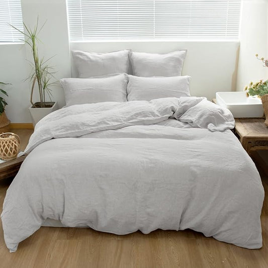Simple&Opulence 100% Linen Duvet Cover Set 3pcs Basic Style Natural French Washed Flax Solid Color Soft Breathable Farmhouse Bedding with Button Closure - Light Grey, King