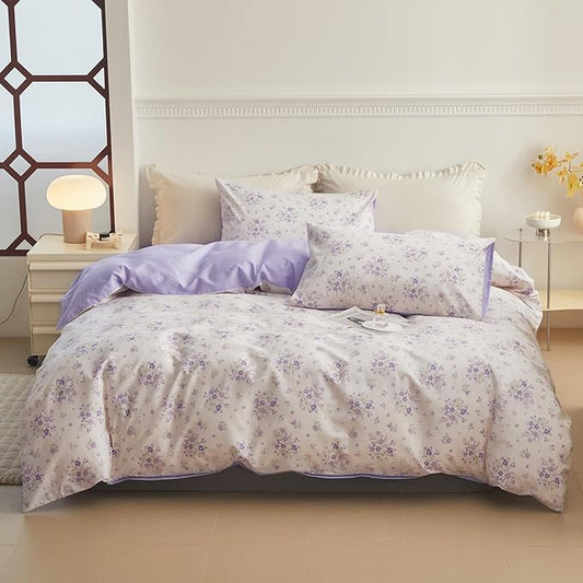 VM VOUGEMARKET Purple Flower Duvet Cover Set Twin Cotton 3 Pcs Girls White Lavender Comforter Cover with Zipper Closure,Romantic Duvet Cover + 2 Pillowcases for Spring