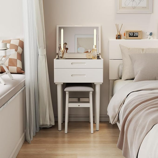 Muwuele Solid Wood Small Vanity Desk with Mirror and Lights, Narrow Makeup Vanity for Small Space, Flip Top Vanity Side Table, 3 Color Modes & Adjustable Brightness, 19.6" Slim Dressing Table, White