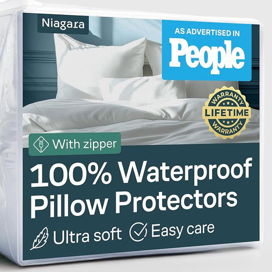 Niagara 4 Pack Waterproof Pillow Protectors King 20x36 Inches Smooth Zipper Premium Encasement Covers Quiet Cases Set White