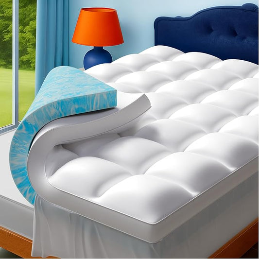 California King Dual Layer 4 Inch Memory Foam Mattress Topper, 2 Inch Cooling Gel Memory Foam and 2 Inch Down Alternative Pillow Top, 8-24 Inch Deep Pocket, Medium Support for Back Pain