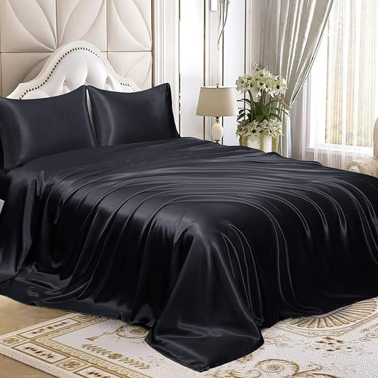 Homiest 4pcs Satin Sheets Set Luxury Silky Satin Bedding Set with Deep Pocket, 1 Fitted Sheet + 1 Flat Sheet + 2 Pillowcases (Cal King Size, Black)