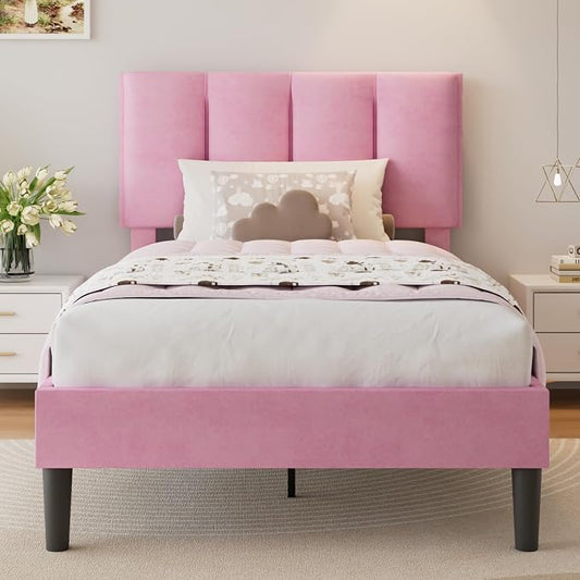 VECELO Twin Size Bed Frame with Upholstered Headboard, Heavy-Duty Bedframe with Wooden Slats & Steel Framework, Easy Assembly, Pink