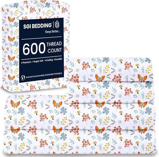 SGI bedding 100% Egyptian Cotton Sheets California King Size – 600 Thread Count Sheets Set, Soft, Cooling, 15" Deep Pocket, Luxury Hotel Bedding, Breathable, Durable - Butterfly Garden