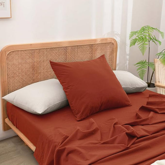BESTOUCH 100% Washed Cotton Pillowcase for Hair and Skin Linen Feel Soft Comfortable Breathable 2 Set Pillow Case with Envelope Closure Solid Burnt Brick Red Euro 26x26 Inches