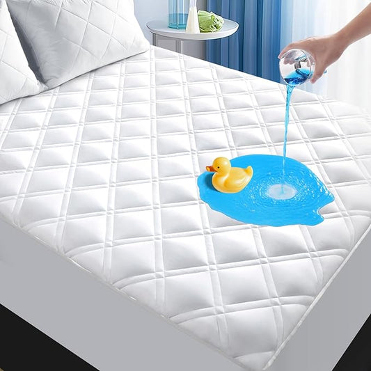 MEELUS Twin XL Mattress Protector, Breathable Waterproof Mattress Pad Cover Fitted Deep Pocket 8"-21", Soft Noiseless Mattress Cover Washable Cooling Padded ffor Home, College Dorm, White