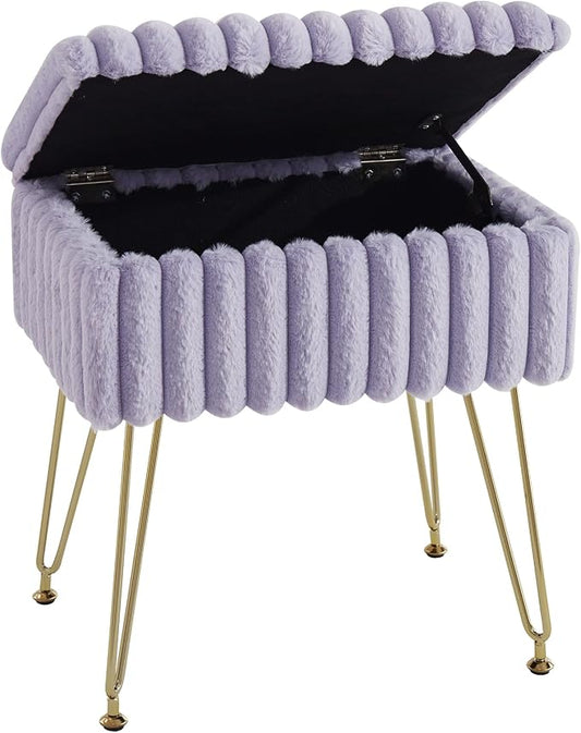 EBENCHICO Vanity Stool Chair with Storage, Faux Fur Stools for Vanity Makeup, Foot Stool Ottoman with 4 Metal Legs, Small Vanity Bench Seat Chairs for Living Room Bedroom