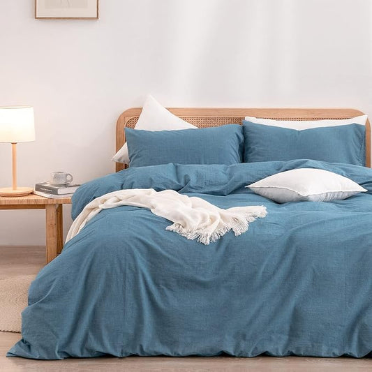 BESTOUCH Duvet Cover Set 100% Washed Cotton Linen Feel Super Soft Comfortable Chic Lightweight 3 PCs Home Bedding Set Solid Dark Blue Cal King