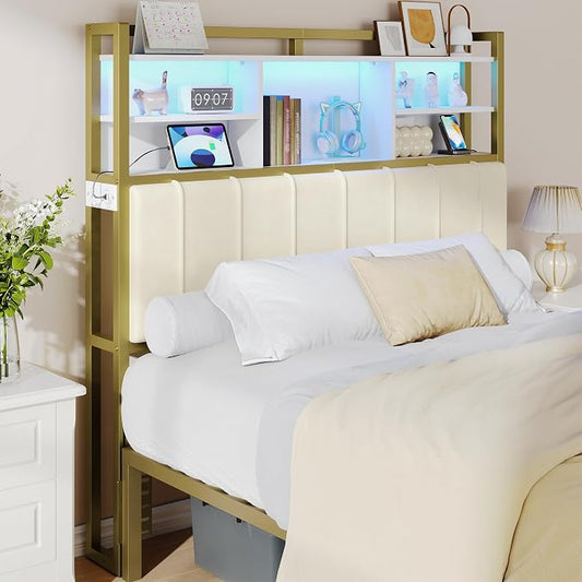 Hzuaneri Headboard with 3-Tier Storage Shelves, Velvet Upholstered Head Board with 2 Outlets, USB Ports & LED Light, Soft Backrest for Full Size Bed, White and Gold BH13803A