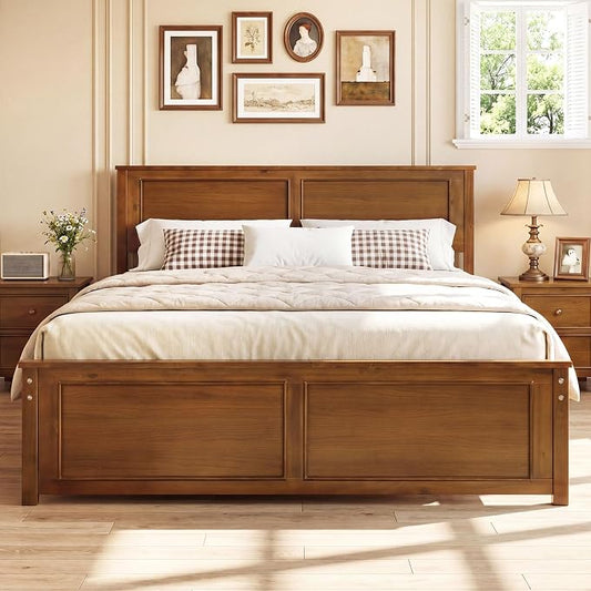 Giantex Wood Queen Size Bed Frame with Headboard, Farmhouse Solid Platform Bed w/Wooden Slat Support Mattress Foundation, Under-Bed Storage, No Box Spring Needed, Walnut