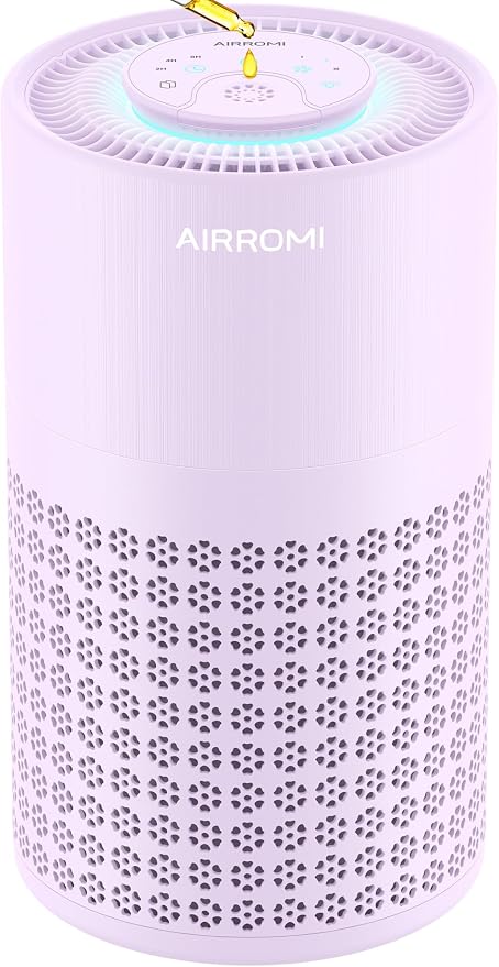AIRROMI Air Purifier for Bedroom with HEPA 3-in-1 Filter, Pet Air Purifier for Home Cat Pee Smell, Covers Upto 990 Ft², Quiet 360°intake Air Cleaner for Pet Hair,Allergies,Pollen,Smoke A2001 Purple