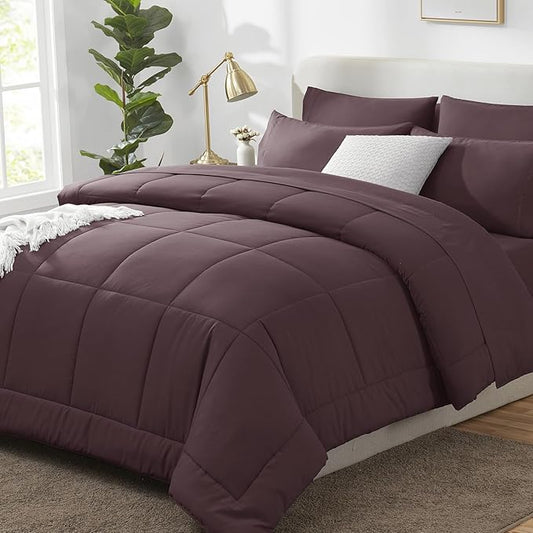 CozyLux Full Size Comforter Set Cocoa Powder, 7 Pieces Bed in a Bag, Brown Comforter Full Size, All Season Bedding Sets with Stitch Quilted Comforter, Flat Sheet, Fitted Sheet, Pillowcases