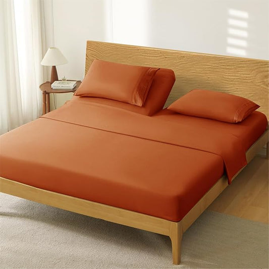 Manyshofu 4 Piece Split Head King Sheets Sets for Adjustable Bed Sheet, Flex Head Split Top King Sheets Burnt Orange Sheet Set - 1800 Thread Count Bedding Set with 14-16 Inch Deep Pockets