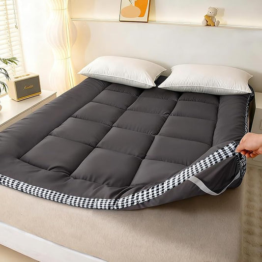 Thick Mattress Topper King Size - Non-Slip Mattress Pad Cover for Back Pain Breathable Folding Sleeping Pad Machine Washable Mattress Protector (78x80 inch,Black)